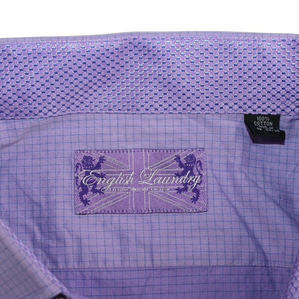 English Laundry Neck Sz 19 Flip Cuff Purple Gingham Check Dress Shirt Clubwear - Picture 13 of 15